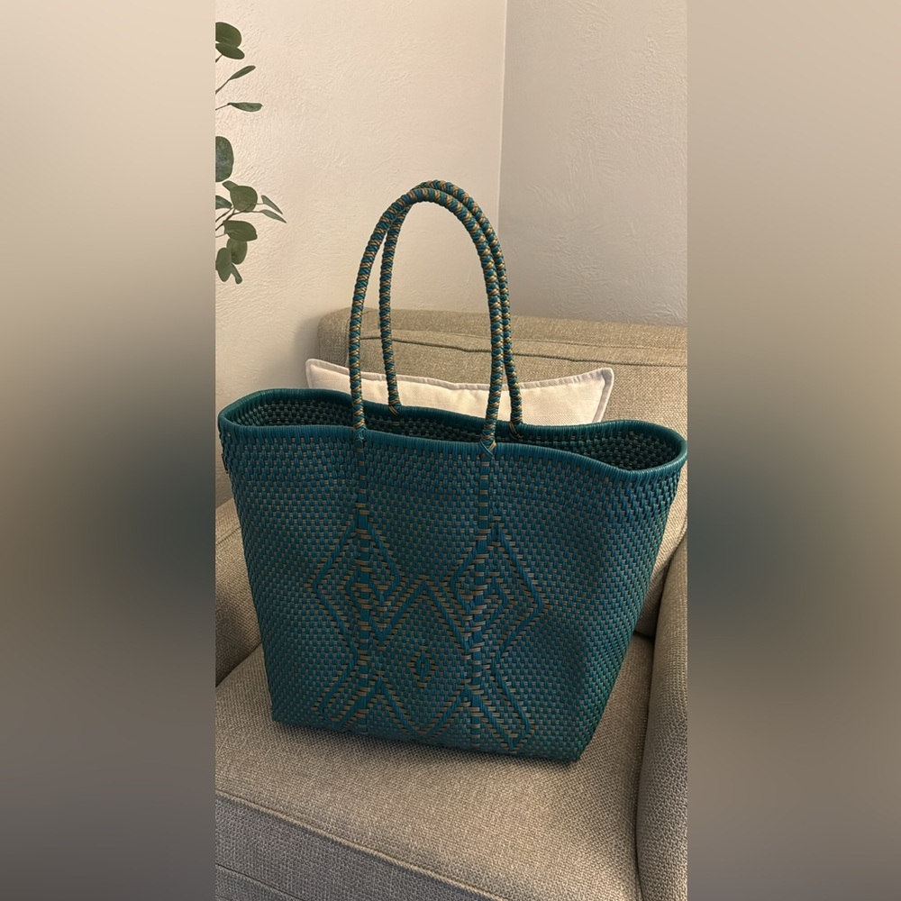 Teal and Beige Woven Tote Bag